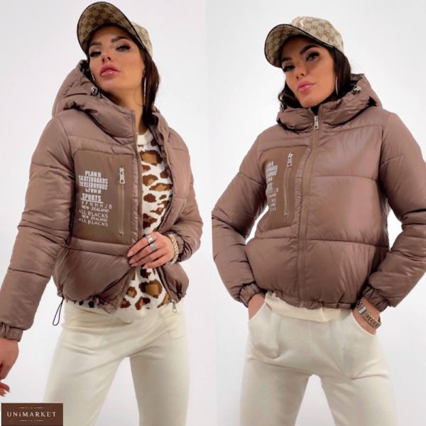 Приобрести мокко женскую короткую куртку с нашивкой в интернете