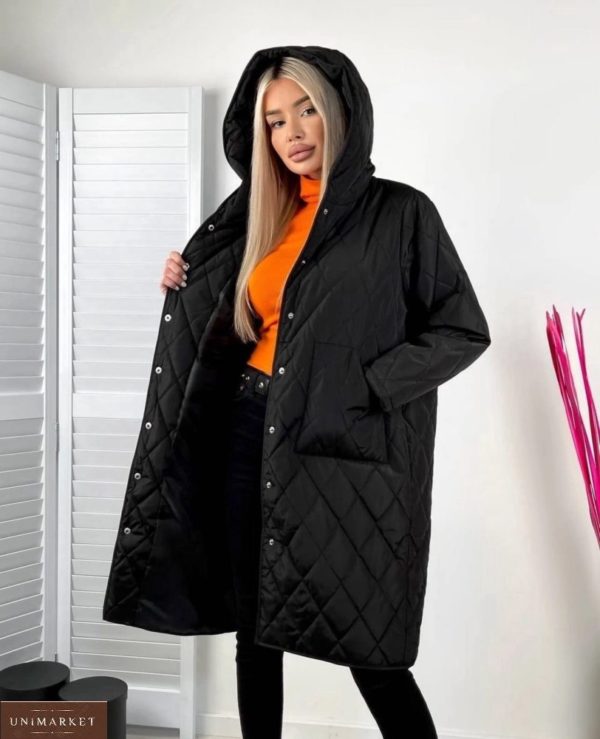 Купити дешево чорну жіночу подовжену стьобану куртку