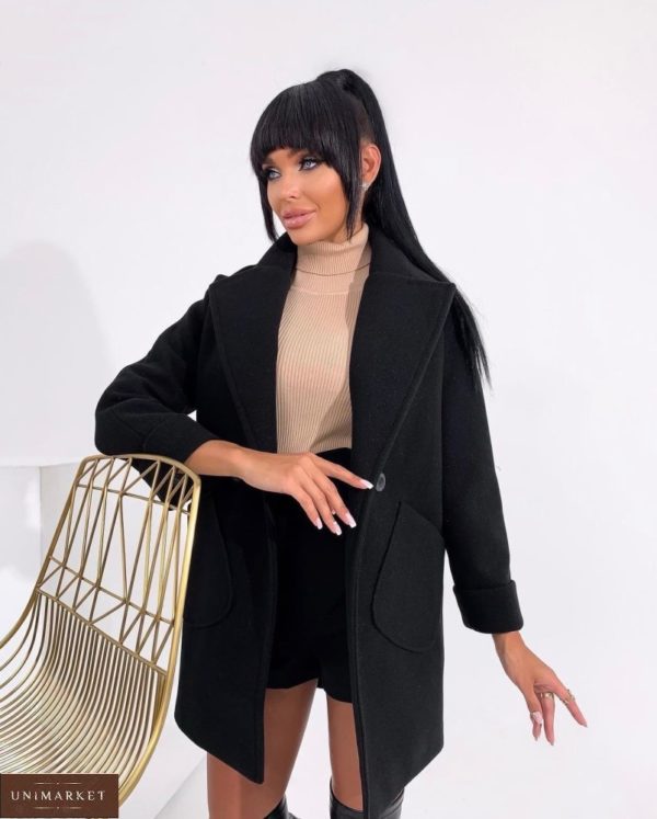 Купить дешево черное женское пальто средней длины