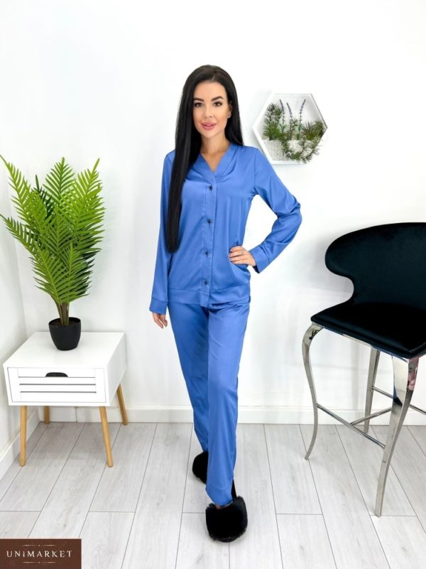 Купить синего цвета женскую шелковую пижаму (размер 42-52) выгодно