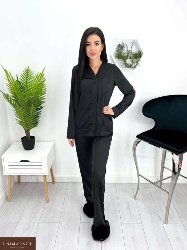 Замовити онлайн чорну жіночу шовкову піжаму (розмір 42-52)