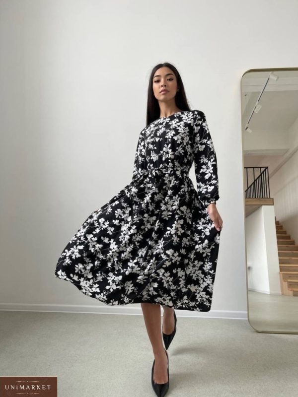 Заказать черно-белое женское принтованное платье с длинным рукавом недорого