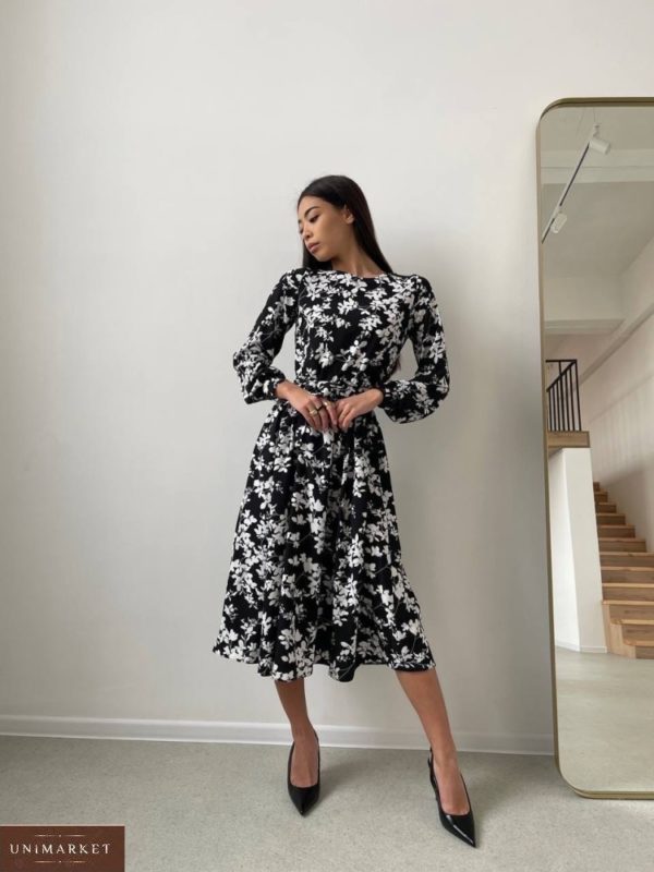 Придбати онлайн чорно-білу принтовану сукню з довгим рукавом для жінок