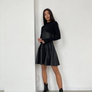 Замовити в інтернеті чорну сукню з еко-шкіри та трикотажу для жінок