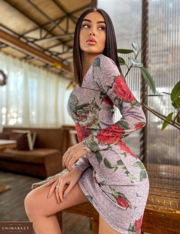 Заказать пудра женское мини платье в цветочный принт в Украине