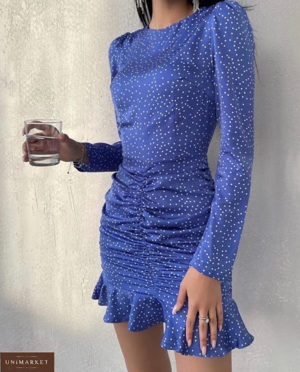 Купити синє жіноче плаття в горошок зі складанням на спідниці (розмір 42-48) по знижці