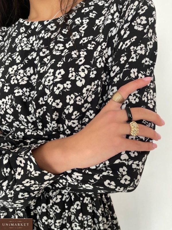 Придбати жіночу сукню з довгим рукавом у квітковий принт чорно-біле онлайн