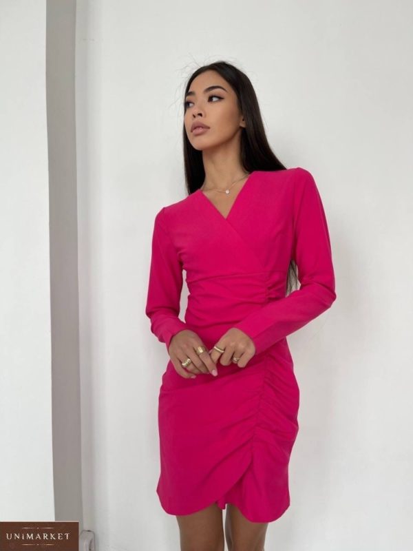 Заказать розовое женское платье со сборками с длинным рукавом в интернете