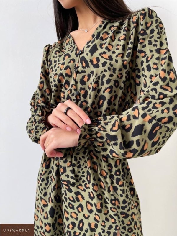 Купити сукню з принтом та розрізом кольору хакі жіночу в Україні