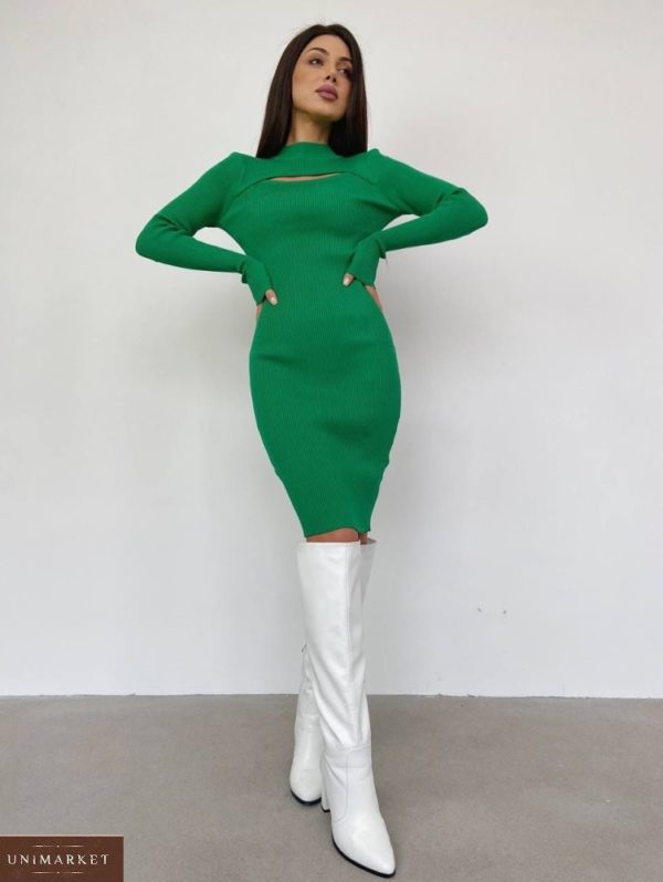 Замовити зелене жіноче трикотажне плаття з вирізом (розмір 42-48) в Україні