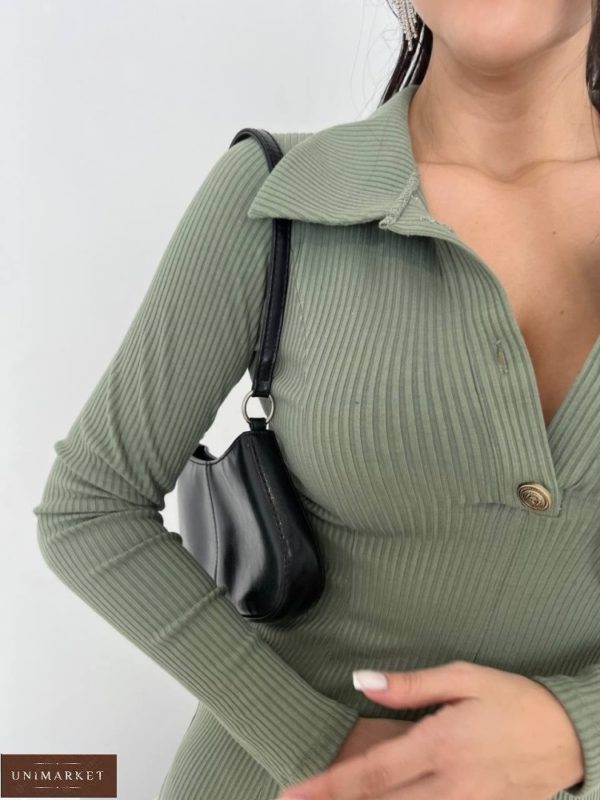 Купить в интернете хаки трикотажное платье мини с воротником для женщин