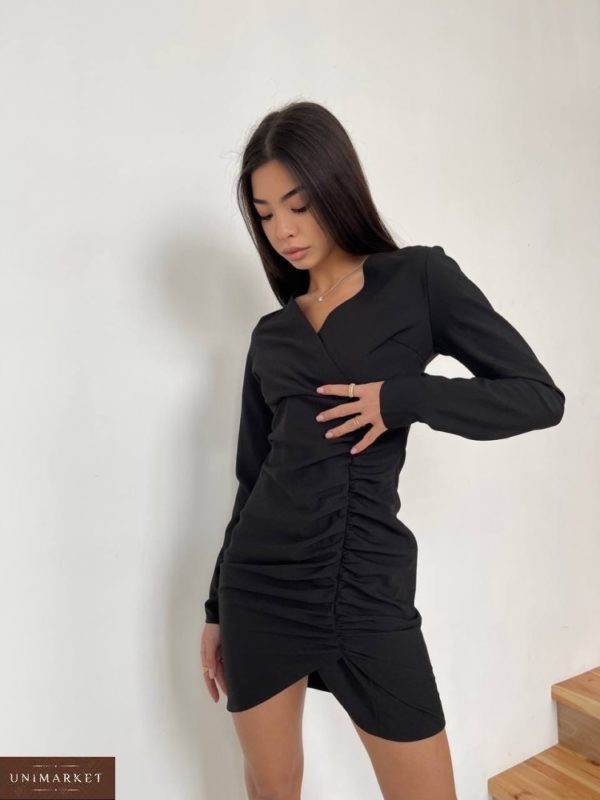 Купить в интернете черное женское платье со сборками с длинным рукавом