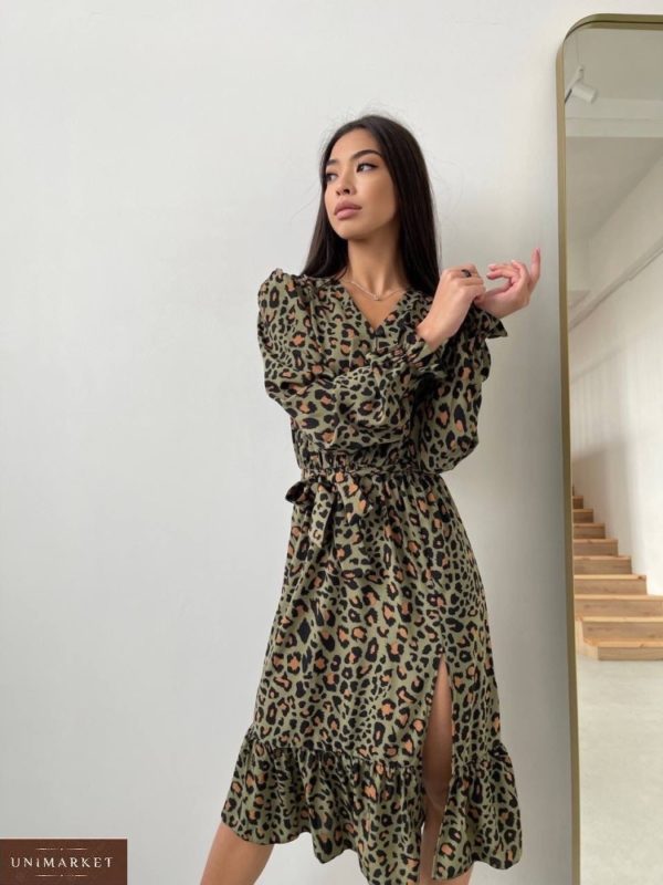 Купити хакі жіноче плаття з принтом та розрізом онлайн