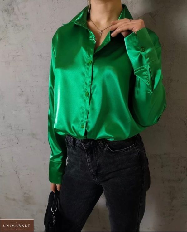 Заказать женскую зеленую атласную рубашку по скидке