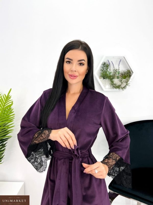 Придбати кольори баклажан халат з мереживом на запах (розмір 42-48) для жінок дешево