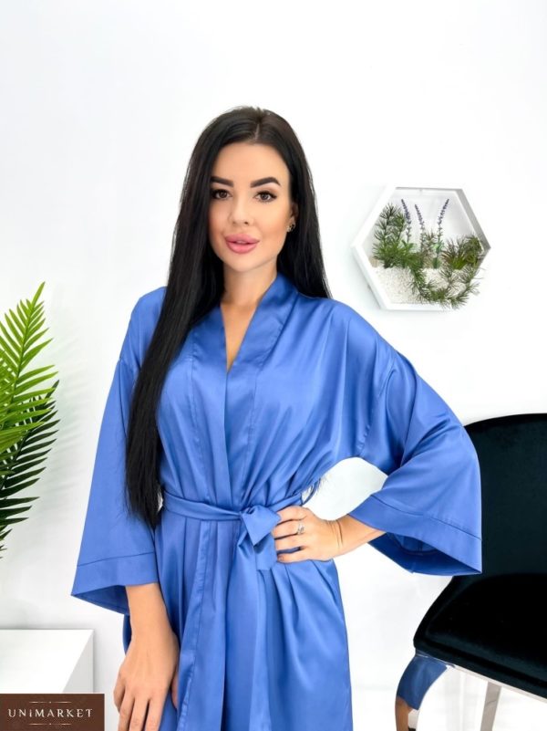 Замовити синій шовковий халат жіночий (розмір 42-52) вигідно
