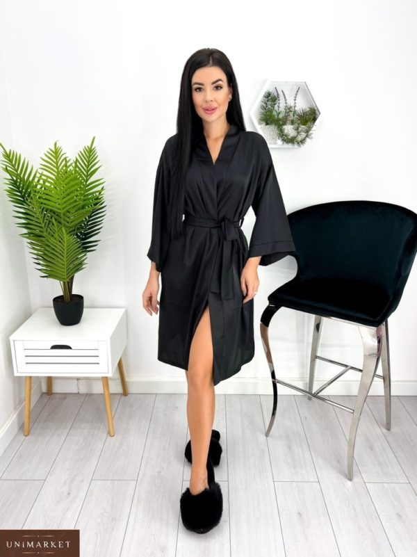 Купити чорний жіночий шовковий халат (розмір 42-52) в Україні