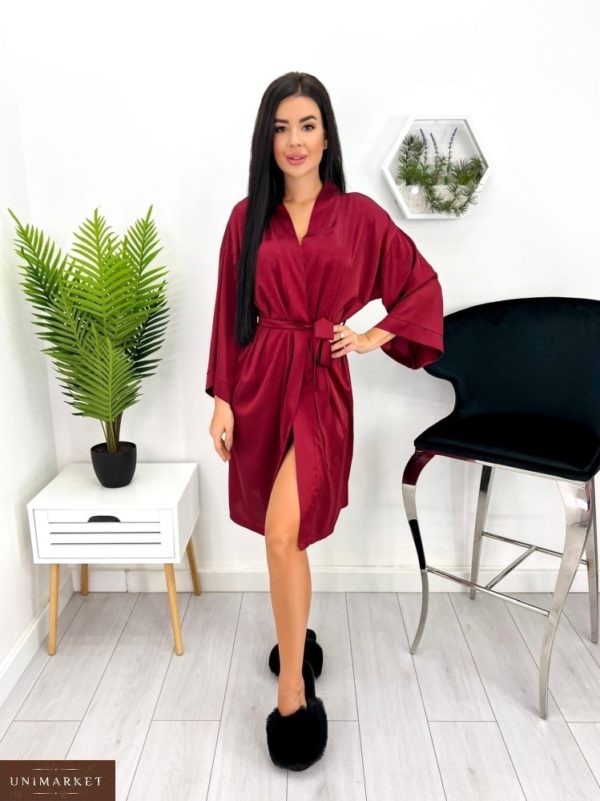 Купити бордовий жіночий шовковий халат (розмір 42-52) в Україні