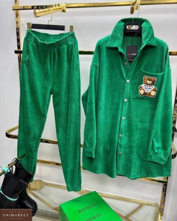 Купить дешево зеленый женский вельветовый костюм с рубашкой