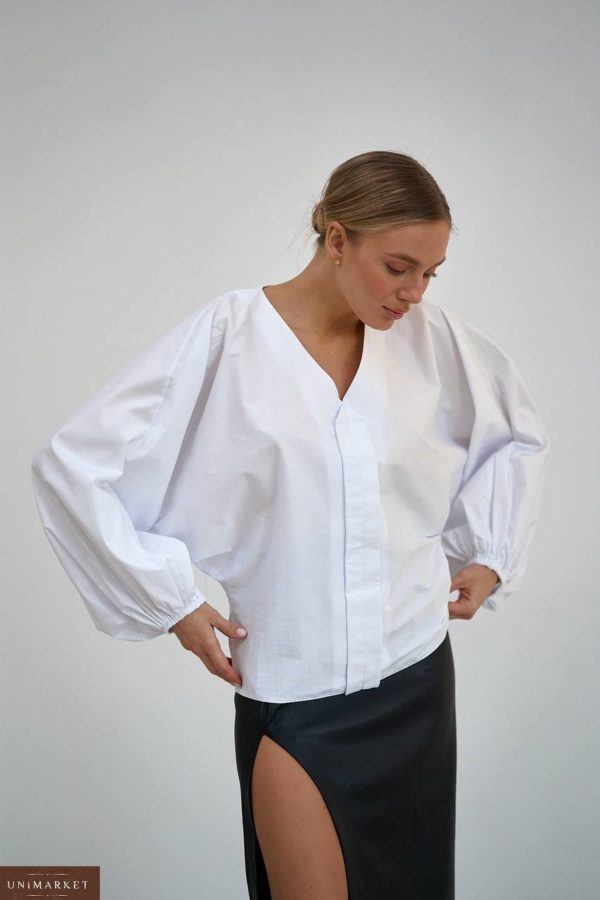 Замовити в інтернеті білу Блузку з об'ємними рукавами з котону для жінок