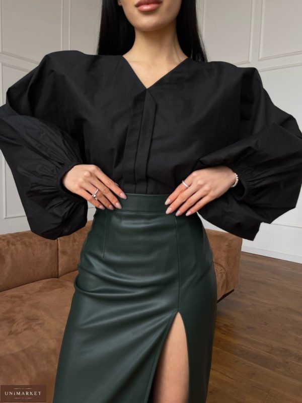 Заказать недорого женскую Блузку с объемными рукавами из коттона черного цвета