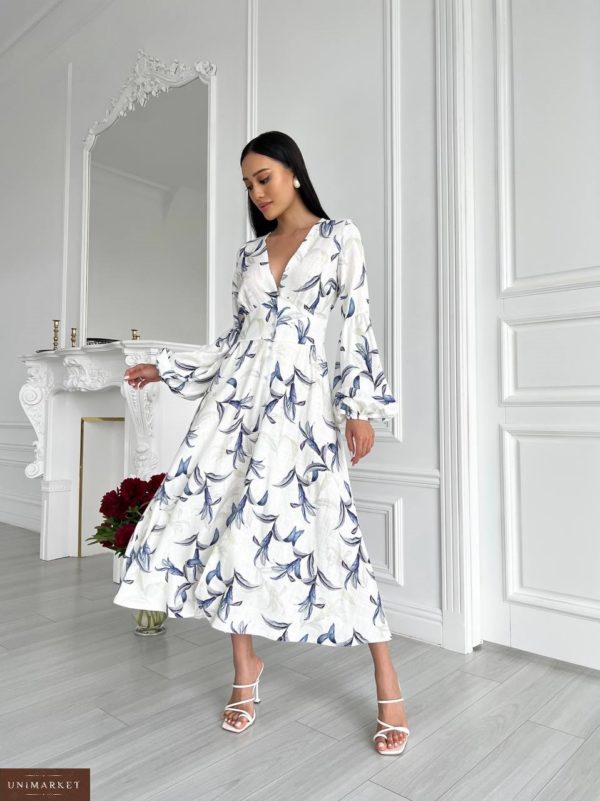 Купити зі знижкою Лляна сукня з V-подібним вирізом біла жіноча