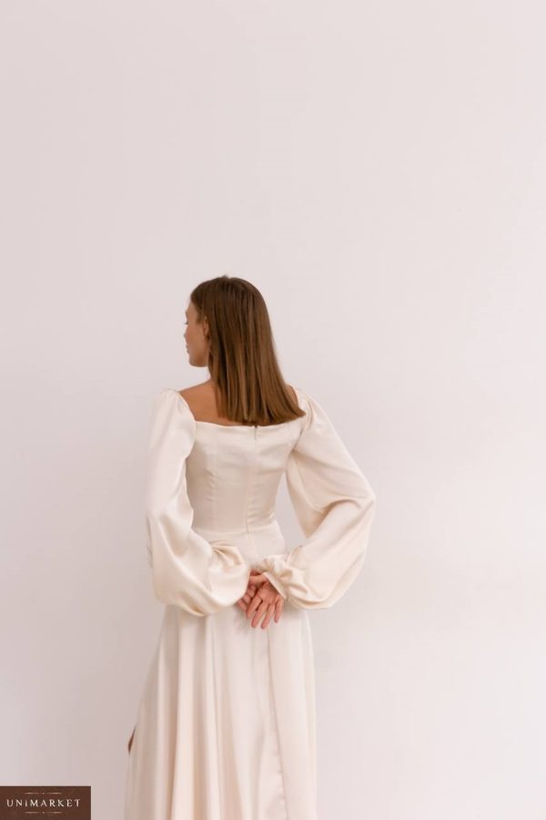Купить кремовое женское Шелковое платье в пол с объемными рукавами в Украине по скидке
