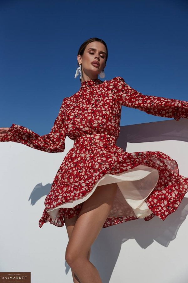 Купити червону жіночу Шифонову сукню в квітковий принт зі знижкою Україна