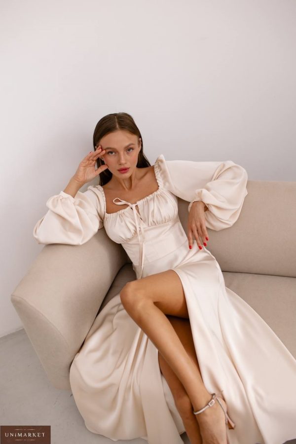 Замовити онлайн жіночу Шовкову сукню до підлоги з об'ємними рукавами на випускний на весілля кремову