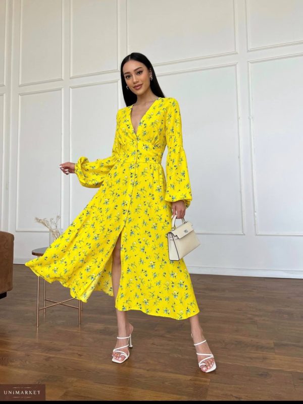 Заказать желтое Хлопковое платье с длинным рукавом в интернет-магазине для женщин