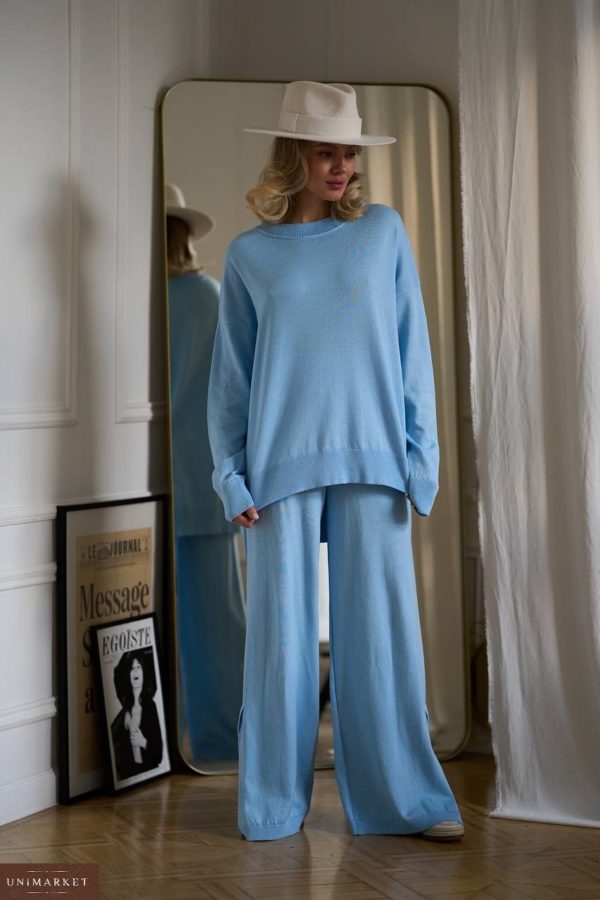 Купити блакитний жіночий Трикотажний костюм із розрізами в Україні онлайн