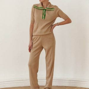 Купить женский бежевый Трикотажный костюм с окантовкой (размер 42-48) недорого