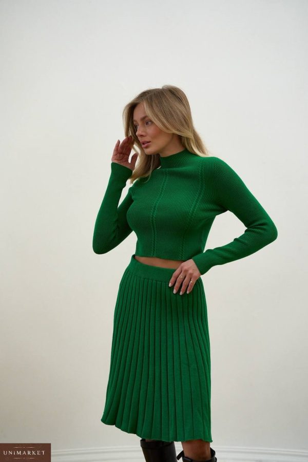 Купить женский зеленый Бесшовный костюм с юбкой плиссе в интернете