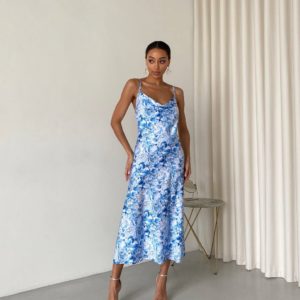 Купить женское голубое Принтованное платье комбинация по низким ценам