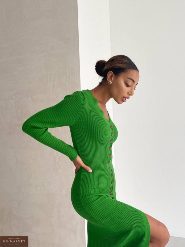 Купити зелену жіночу Трикотажну сукню на ґудзиках недорого