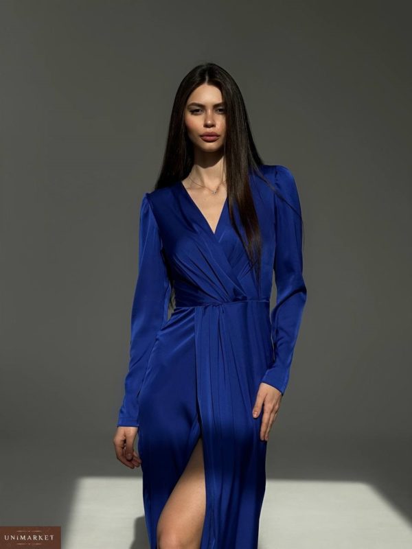 Купить синее женское Шелковое платье макси на запах дешево