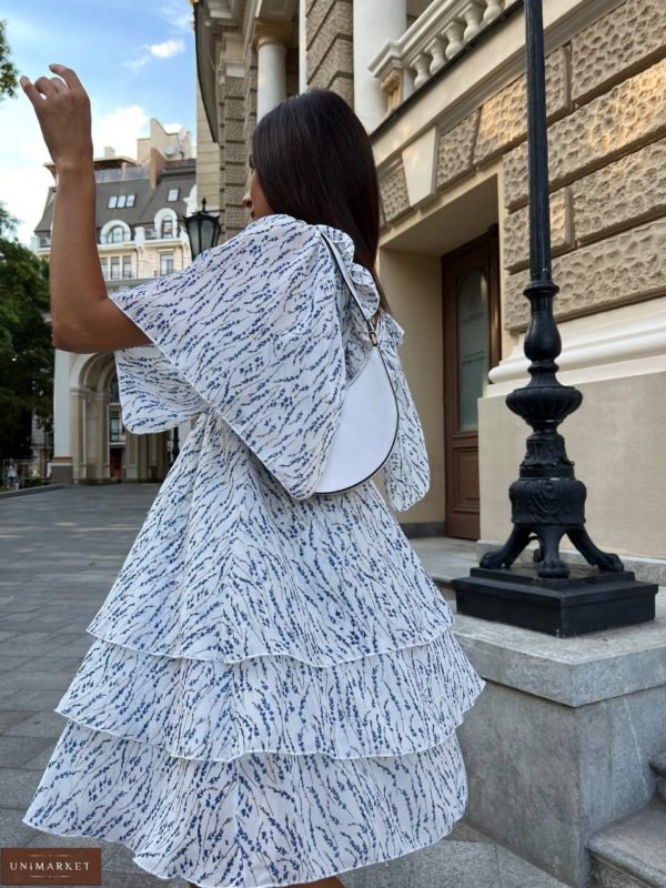 Купити жіночу білу Шифонову сукню в квіти з рюшами онлайн