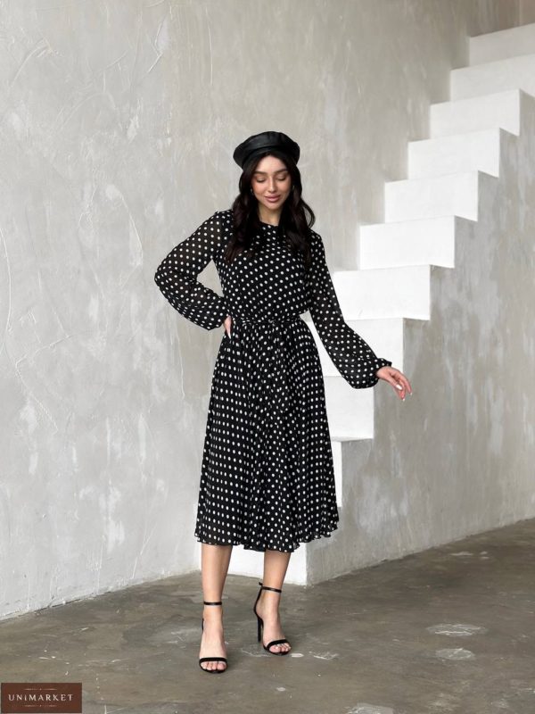 Приобрести в горошек черное Шифоновое платье с длинным рукавом для женщин онлайн