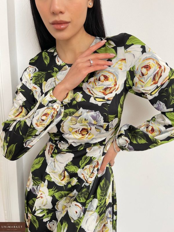 Приобрести в интернете Шелковое платье в крупный цветочный принт женское черного цвета
