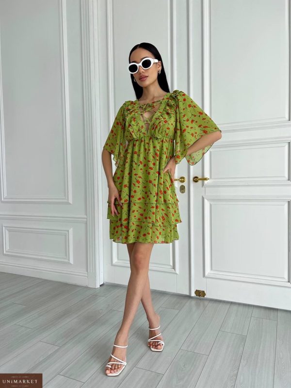 Заказать выгодно зеленое Шифоновое платье в цветы с рюшами в интерне-магазине женское