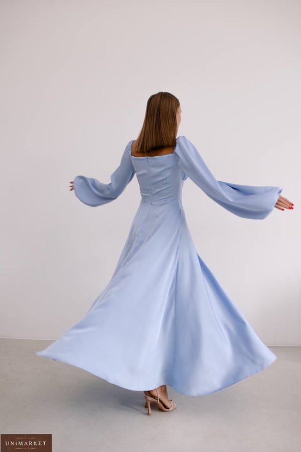 Купити Шовкову сукню до підлоги з об'ємними рукавами блакитну жіночу дешево