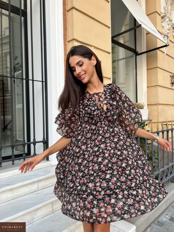 Заказать дешево черное Шифоновое платье в цветы с рюшами в интернете для женщин
