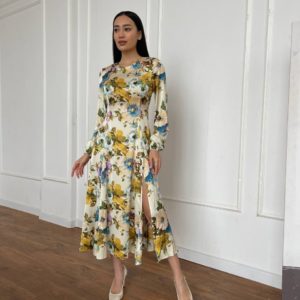 Придбати жовто-синє жіноче Шовкове плаття з великим квітковим принтом в Україні