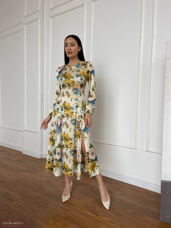 Придбати жовто-синє жіноче Шовкове плаття з великим квітковим принтом в Україні