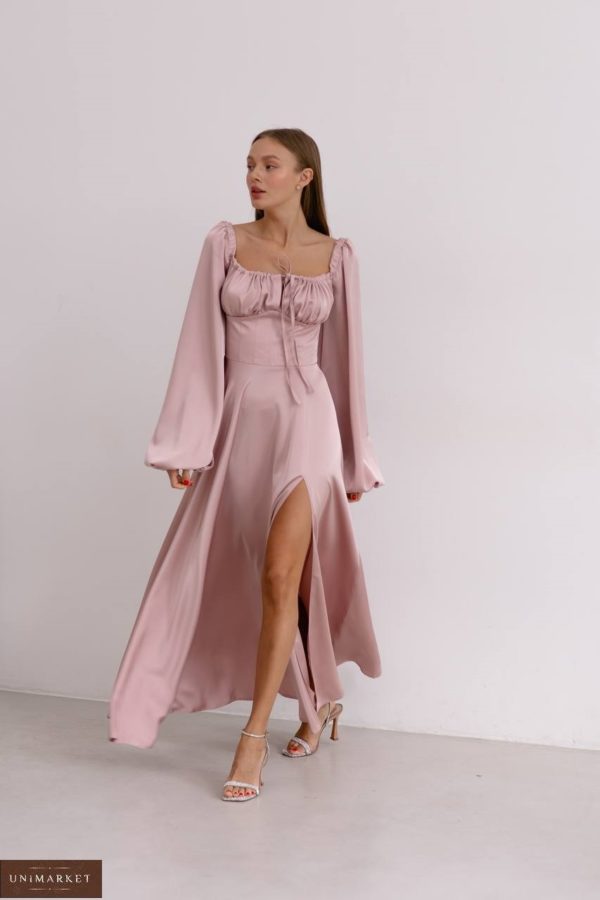 Придбати пудрову жіночу Шовкову сукню до підлоги з об'ємними рукавами на весілля в Україні