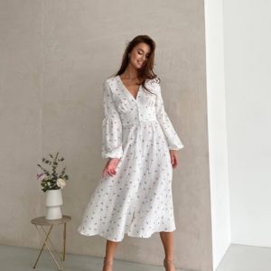Купити білу Бавовняну сукню з довгим рукавом для жінок дешево