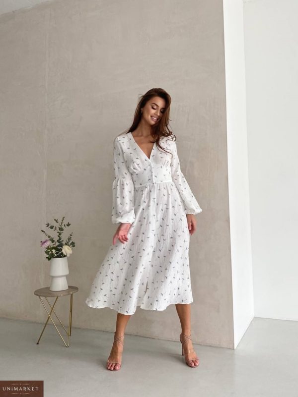 Купити білу Бавовняну сукню з довгим рукавом для жінок дешево