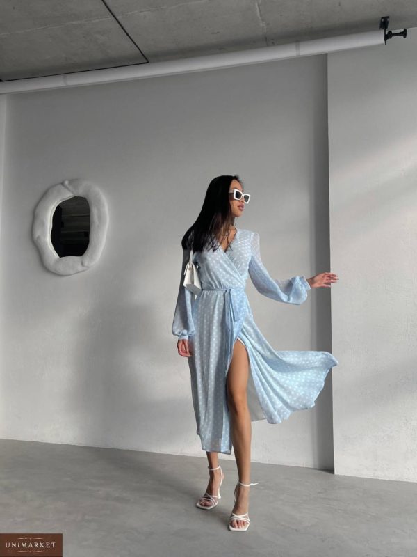 Придбати за низькими цінами блакитне жіноче Шифонове плаття в горошок на запах