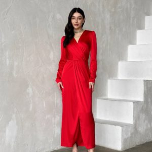 Купити зі знижкою червону Шовкову сукню максі на запах дешево