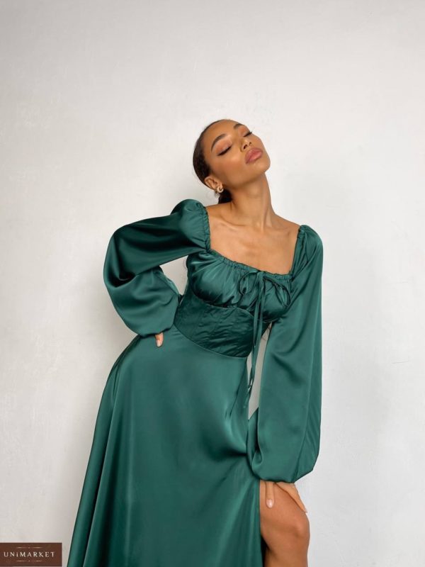 Купити онлайн жіночу Шовкову сукню до підлоги з об'ємними рукавами кольору смарагд за низькими цінами